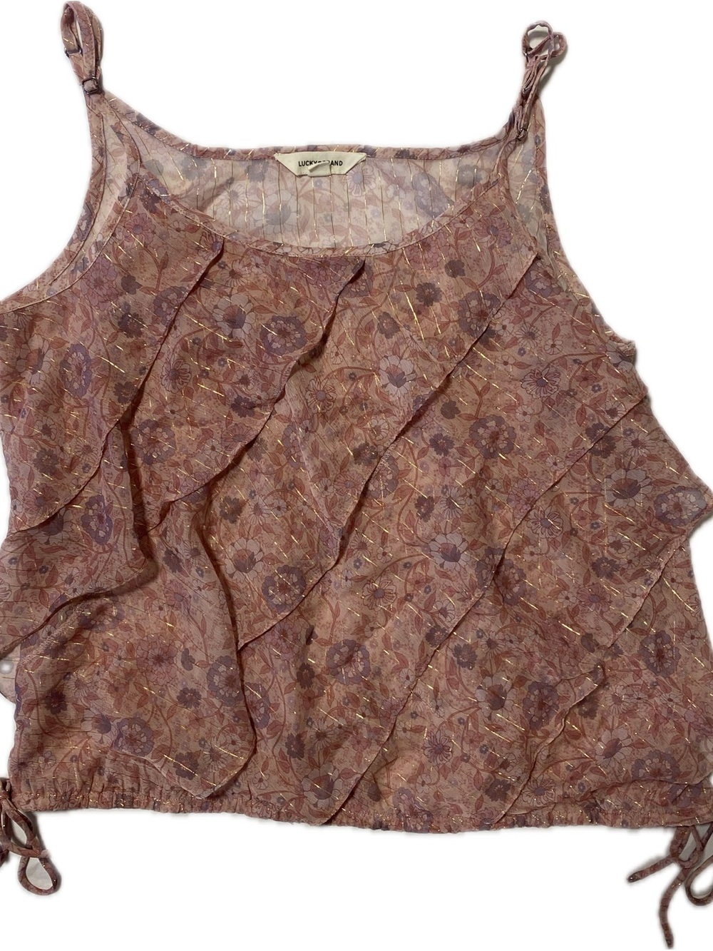 Lucky Brand Mauve Floral Metallic-Thread Ruffle Camisole